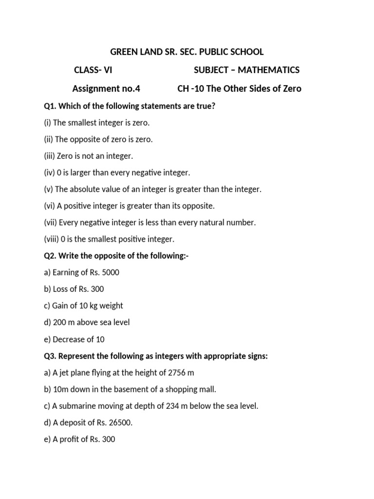 Class VI Math Assignment on Zero | PDF