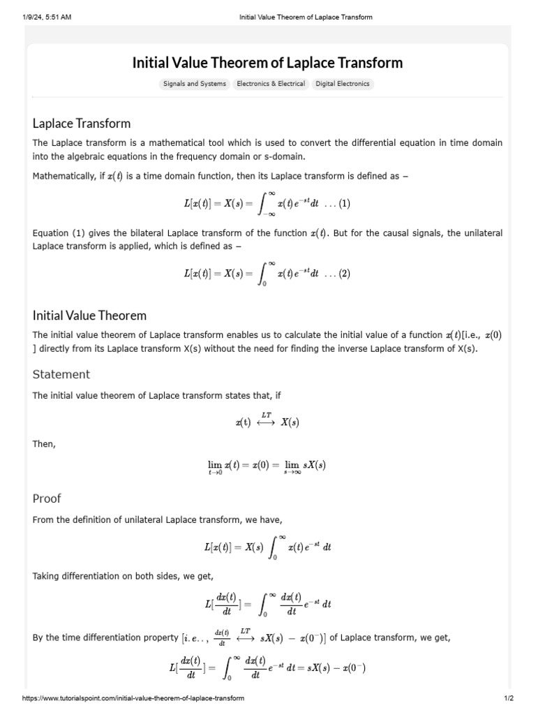 Initial Value Theorem in Laplace Transform | PDF | Laplace Transform ...