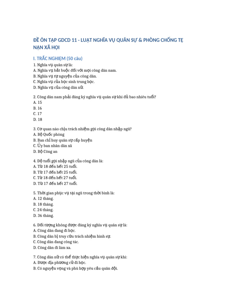 De On Tap GDCD 11 Luat Nghia Vu Quan Su | PDF