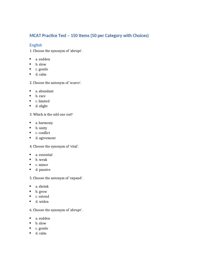 MCAT Practice Test: 150 Questions | PDF | Moon | Plate Tectonics