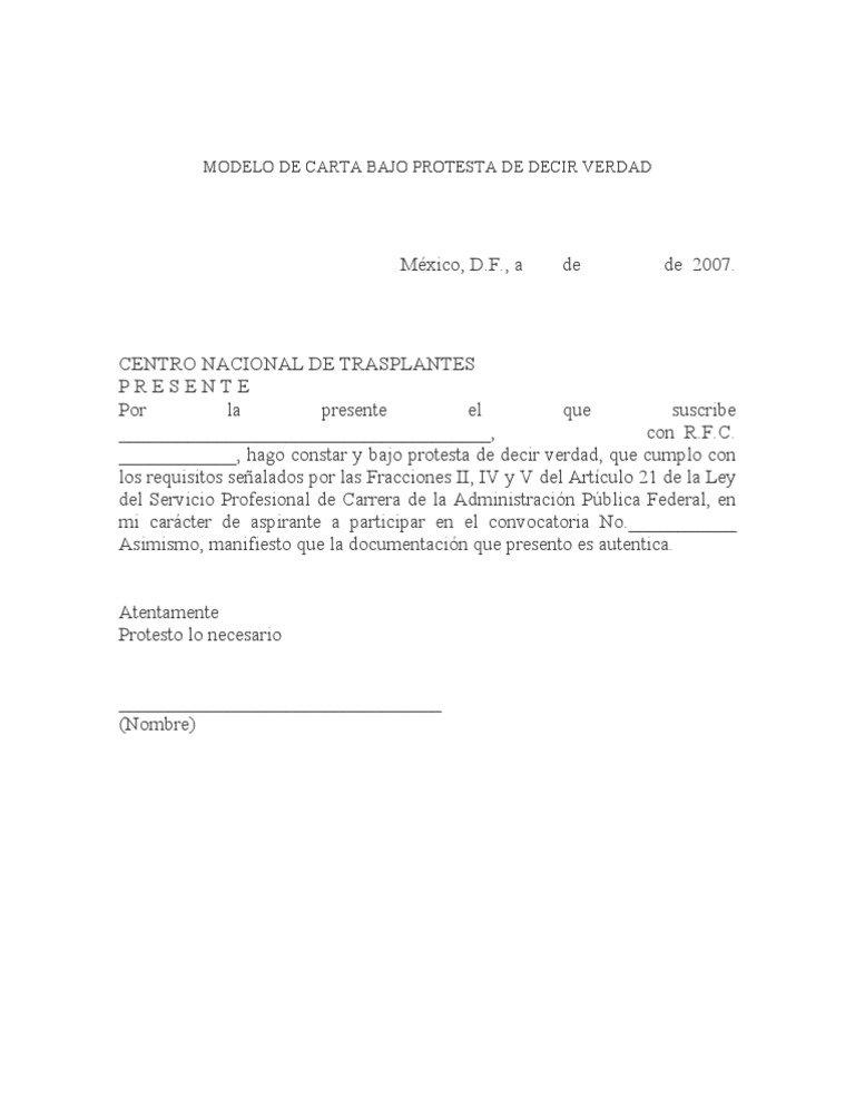 Modelo Carta Bajo Protesta Decir Verdad | PDF