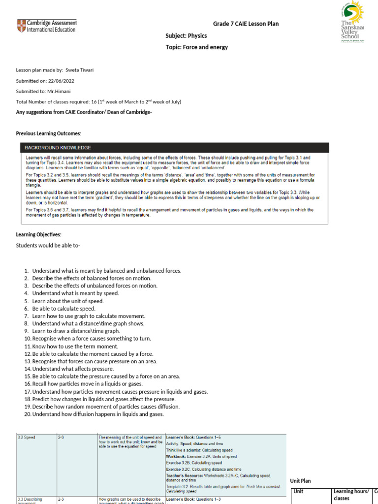 Grade 7 Physics Lesson Plan: Forces & Energy | PDF | Force | Gases