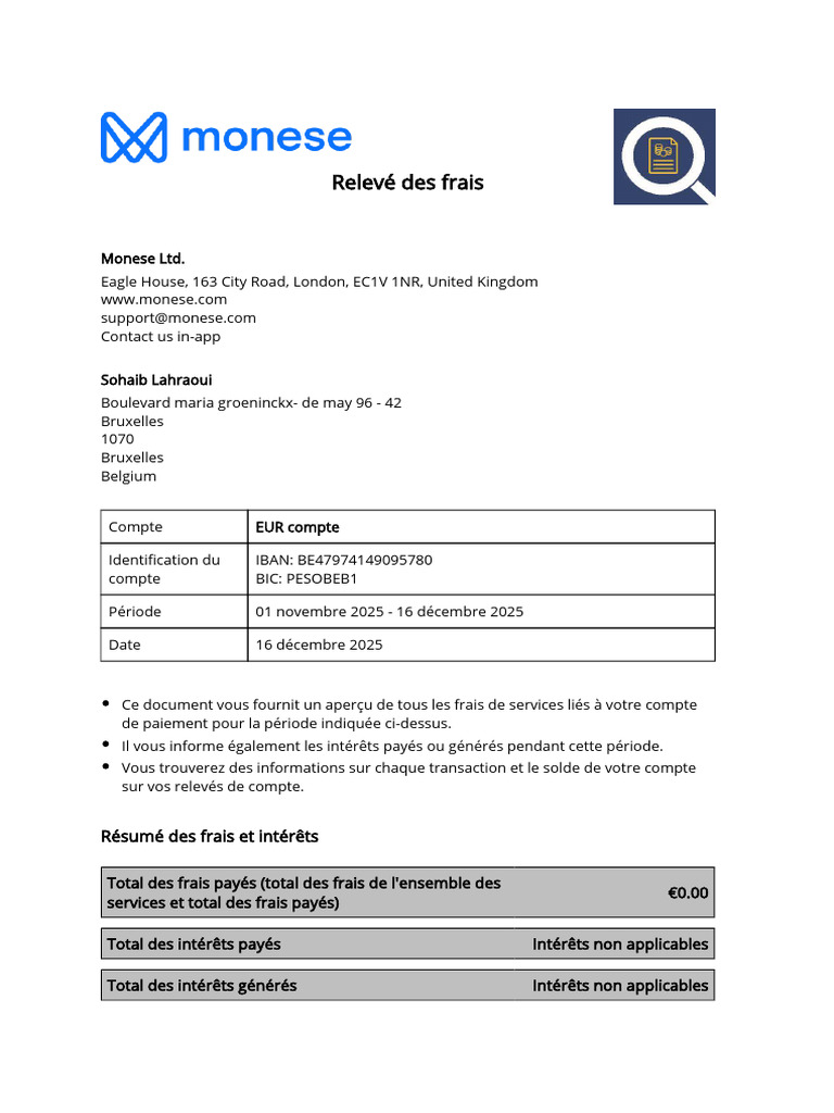 Monese Fee-Statement 01 Novembre 2025 - 16 Décembre 2025 | PDF