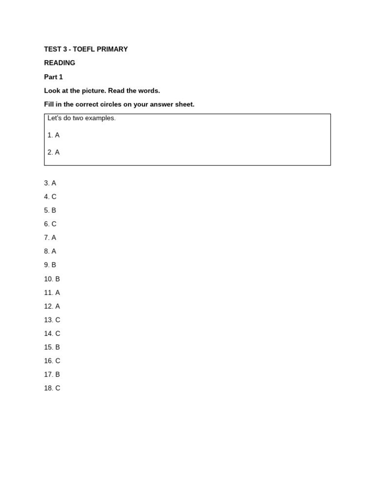 TOEFL Primary Test 3: Reading & Listening | PDF