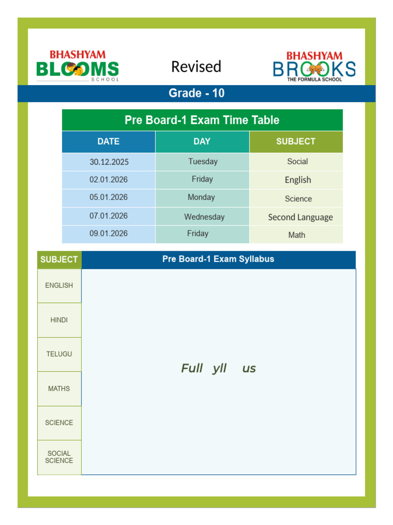 G10 - Pre Board-1 Time Table & Syllabus | PDF