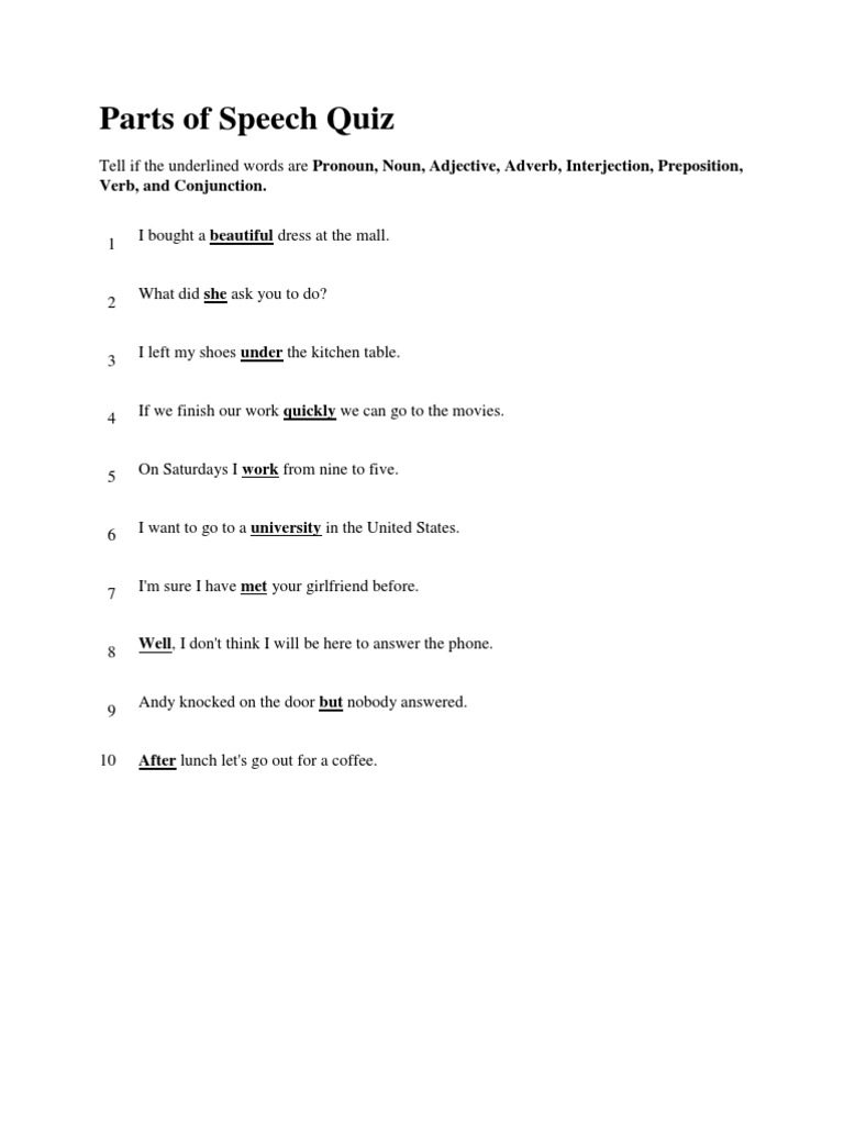 Parts of Speech Quiz PDF Part Of Speech Adverb