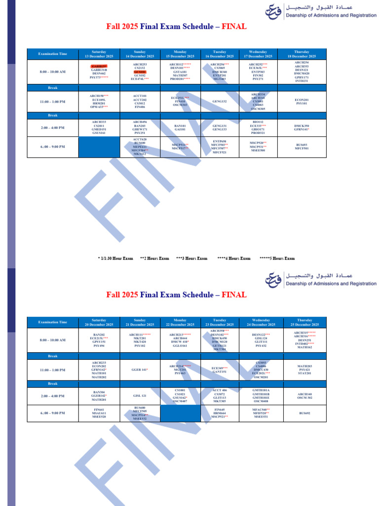 Fall 2025 - Final Exams Schedule - FINAL | PDF