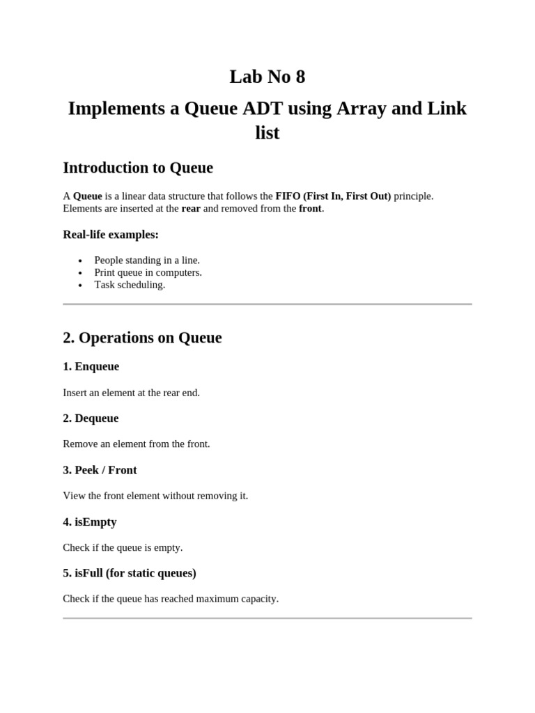 Queue ADT Implementation Guide | PDF