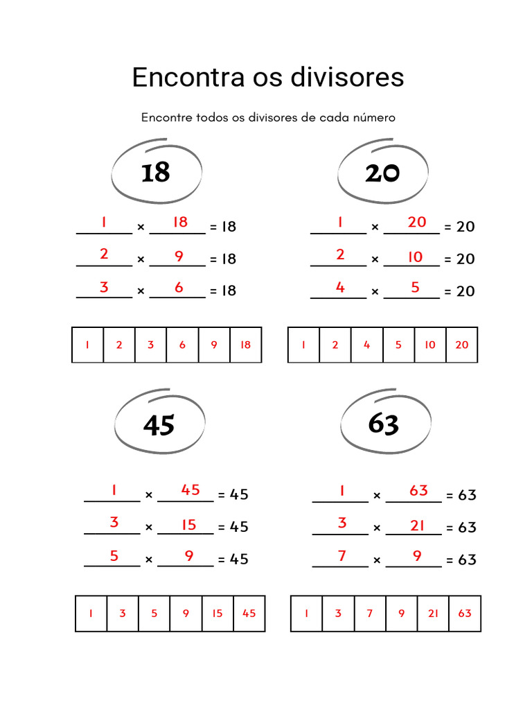 Divisores de Números: 18, 20, 45, 63 | PDF