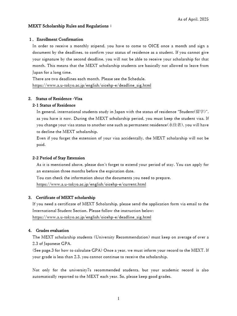 MEXT Scholarship Guidelines 2025 | PDF