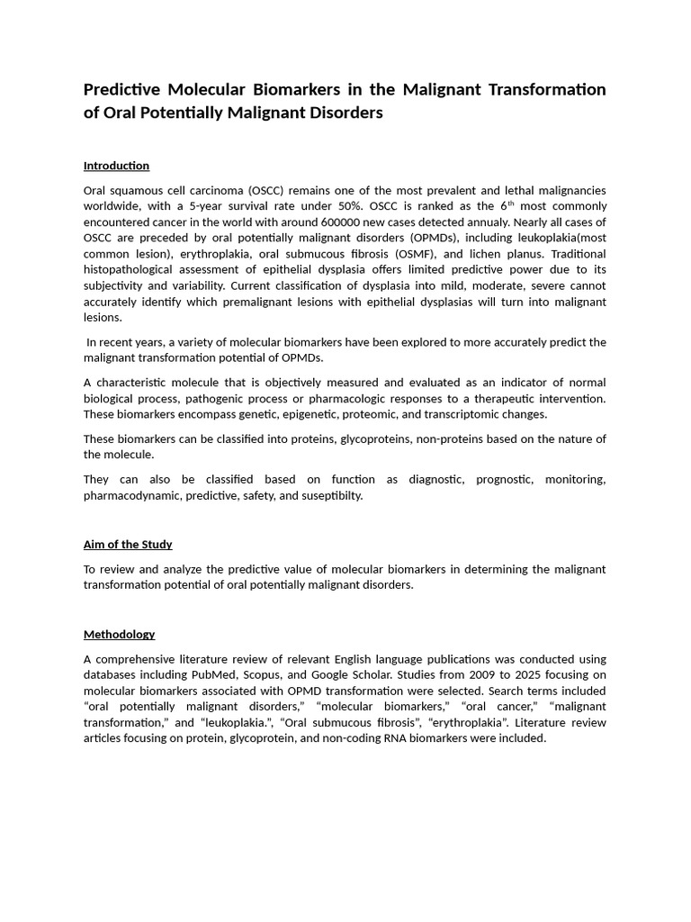 Predictive Biomarkers in The Malignant Transformation of Oral ...