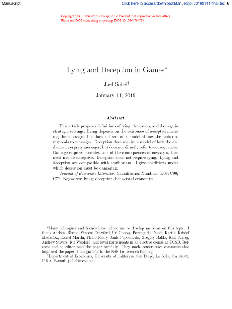 Lying and Deception in Strategic Games | PDF | Deception | Lie