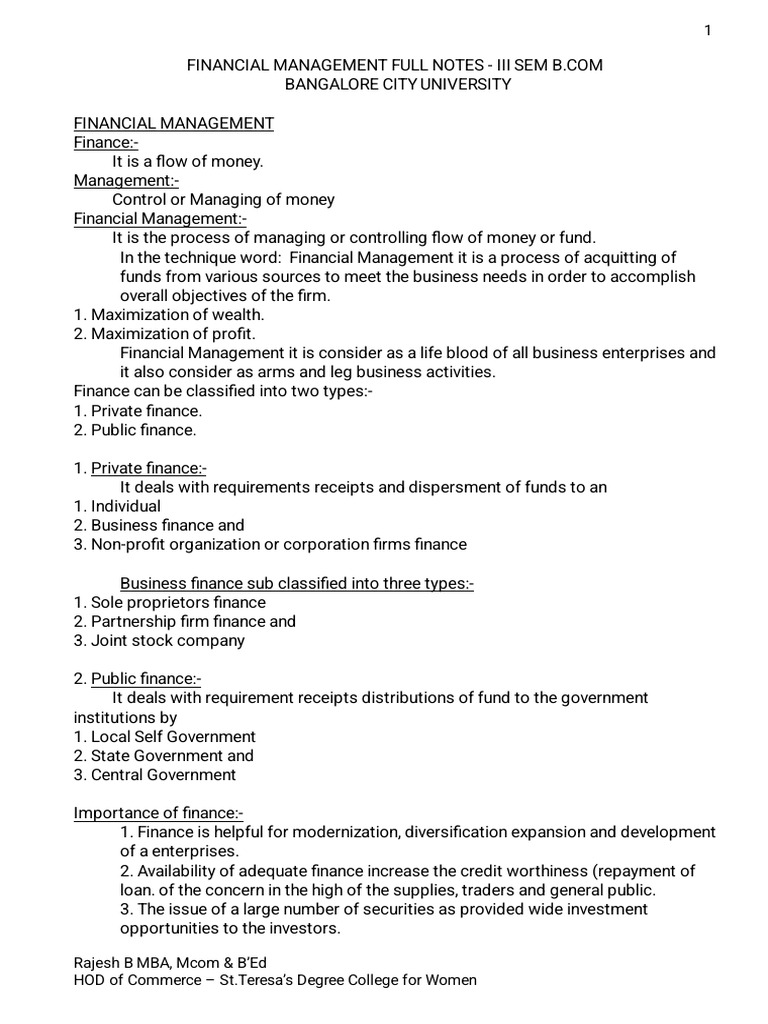 Financial Management Notes for B.Com | PDF | Dividend | Capital Structure