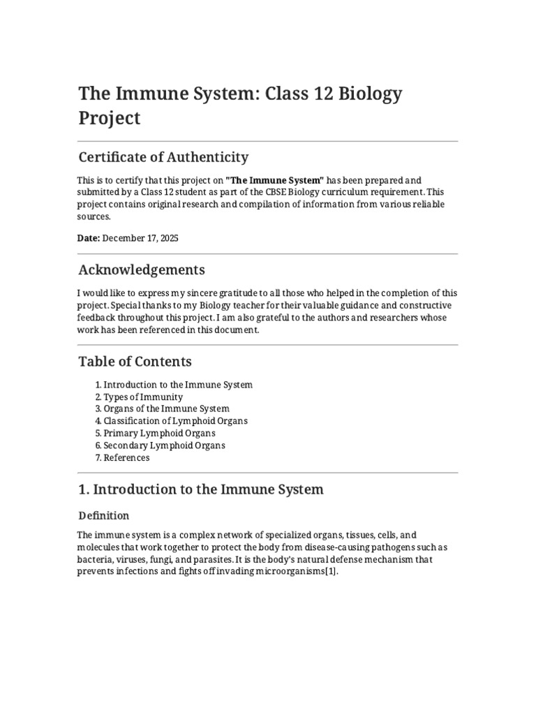 Class 12 Project on Immune System | PDF | Lymphatic System | Immune System