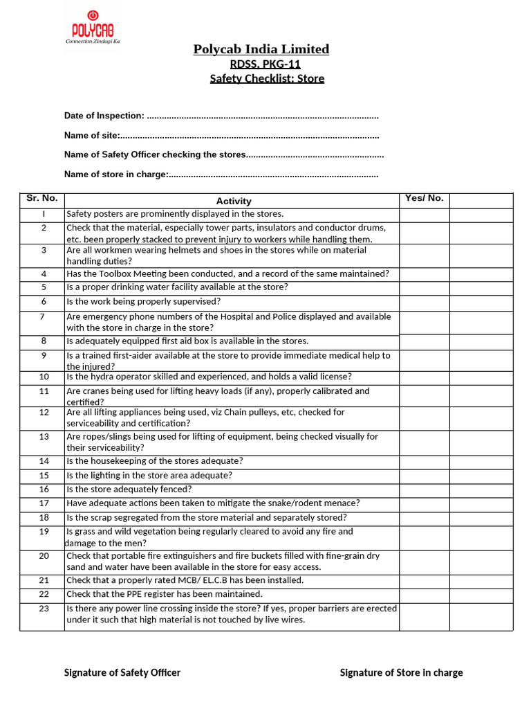 Safety Checklist for Polycab Stores | PDF | Safety