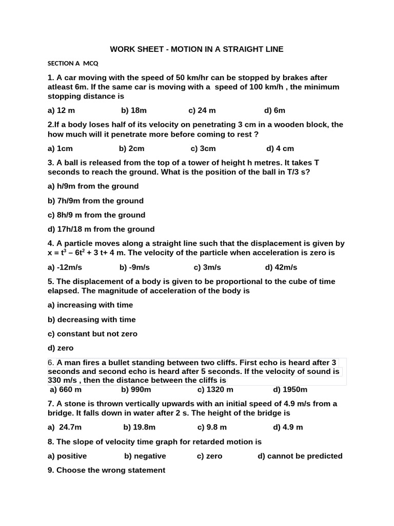 Motion in a Straight Line Worksheet | PDF | Velocity | Speed