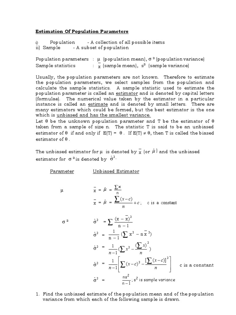 Unbiased Estimates of Population Parameters | PDF | Estimator | Bias Of ...