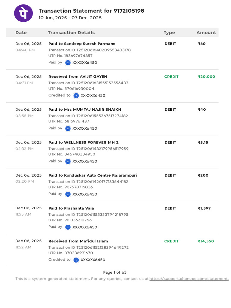 Transaction Statement for 9172105198 | PDF | Debit Card | Service ...