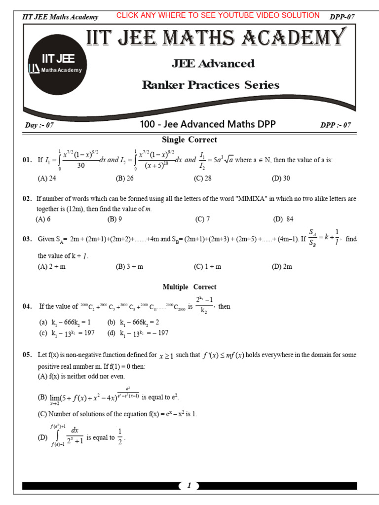 IIT JEE DPP-07 Maths Practice Questions | PDF | Numbers | Mathematical ...
