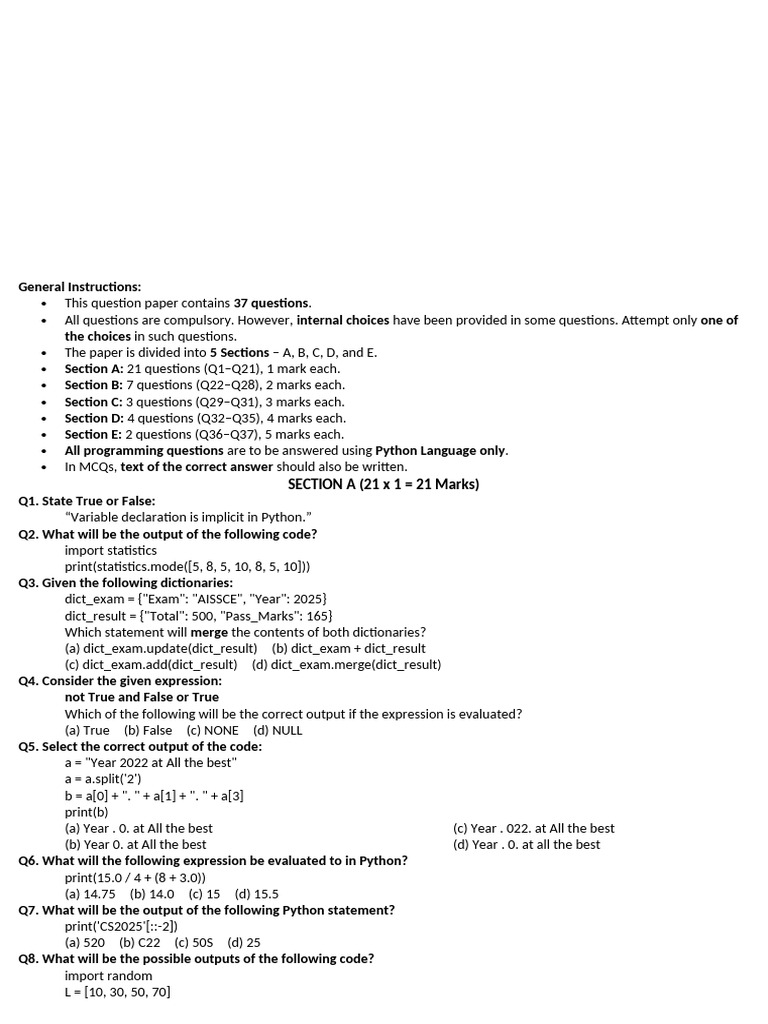 Python Programming Exam Paper | PDF | Computer Programming | Computing