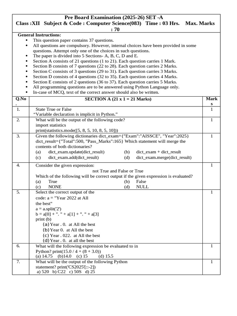 Set-1-Cs (083) - QP-2025-26 | PDF | Computer Network | Computer Programming