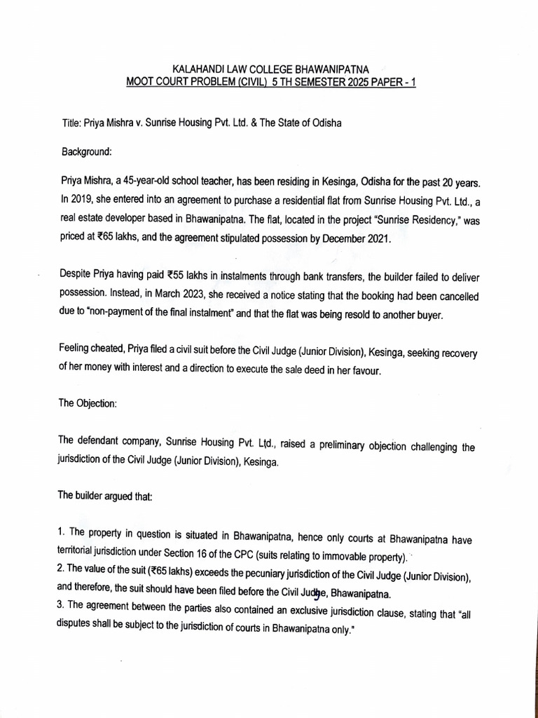 5th Sem Moot Court (Civil) Paper 1 | PDF