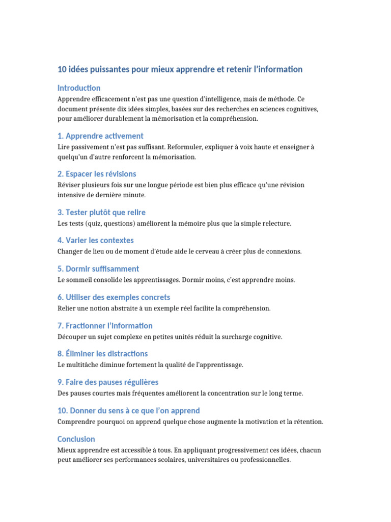 10 Stratégies pour Mieux Apprendre | PDF