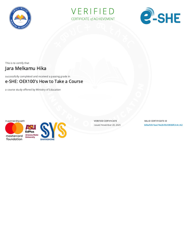 Certificate of Achievement for e-SHE Course | PDF