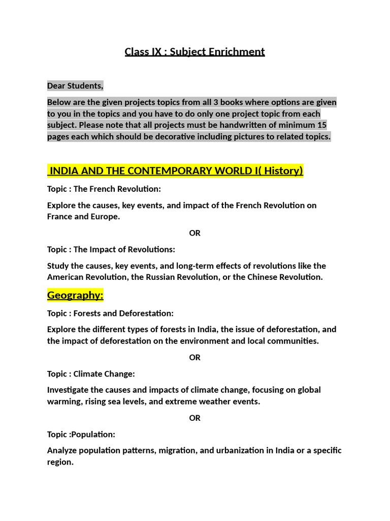 Class IX Project Topics Overview | PDF
