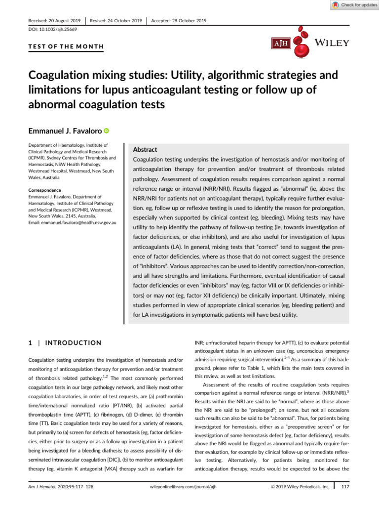 American J Hematol - 2019 - Favaloro - Coagulation Mixing Studies ...
