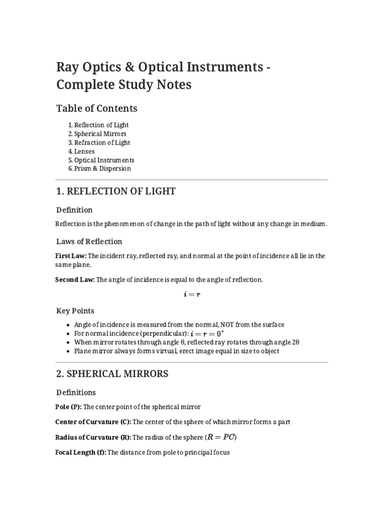 Ray Optics Complete Notes | PDF | Refraction | Refractive Index