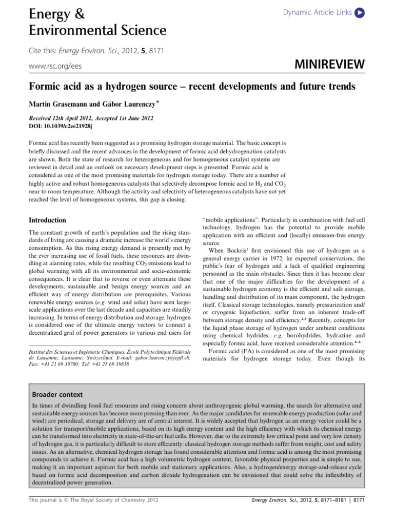 Formic Acid: Advances in Hydrogen Storage | PDF | Chemistry | Chemical ...
