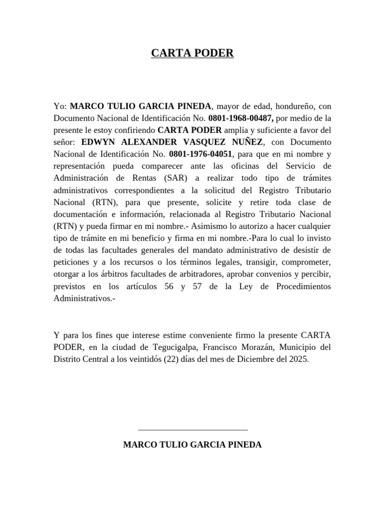 Carta Poder para Trámites de RTN | PDF