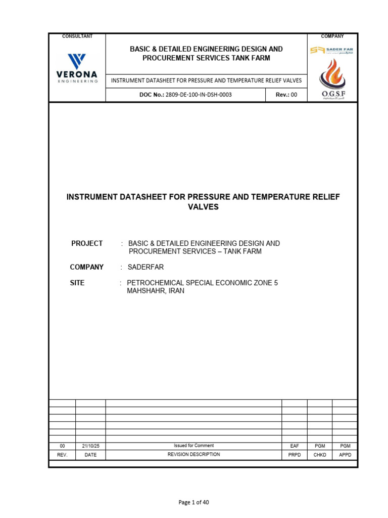 Instrument Datasheet for Relief Valves | PDF | Valve | Continuum Mechanics