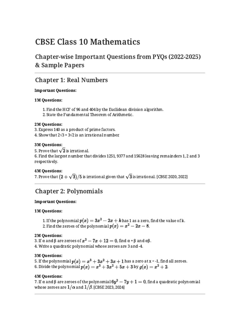CBSE Class 10 Math Important Questions | PDF | Polynomial | Circle