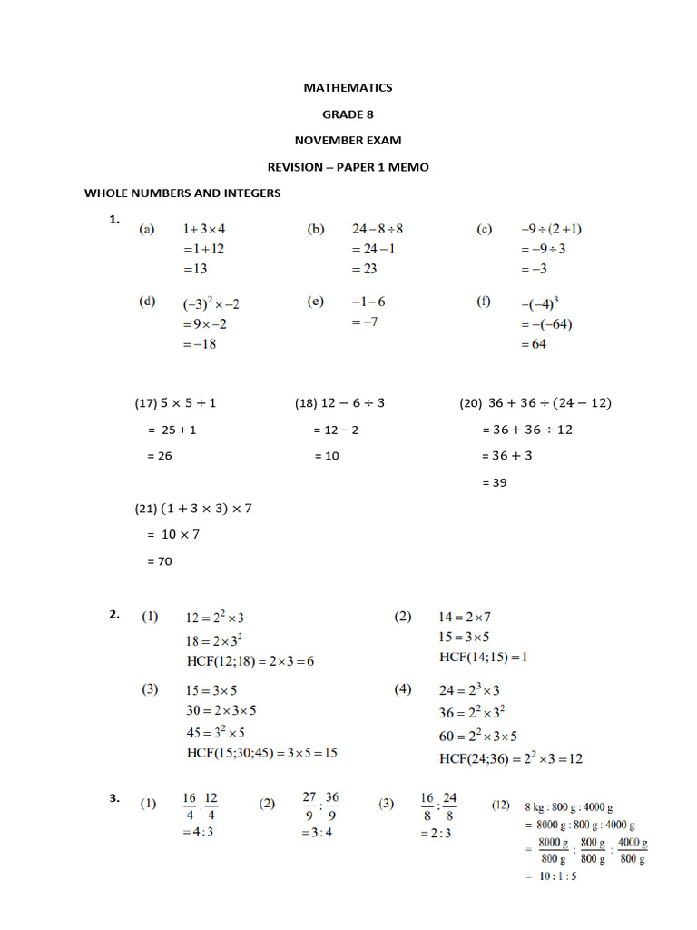 Grade 8 Math Exam Revision Memo | PDF