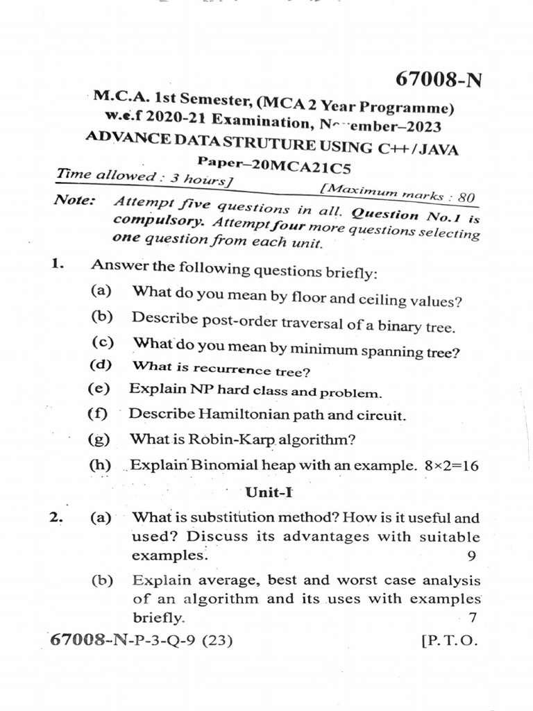 Mca Sem 1 Advance Data Struture Using C++ Java 67008-n | PDF