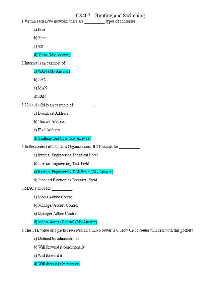 CS407 Routing and Switching Quiz Answers | PDF | Computer Network | Osi ...