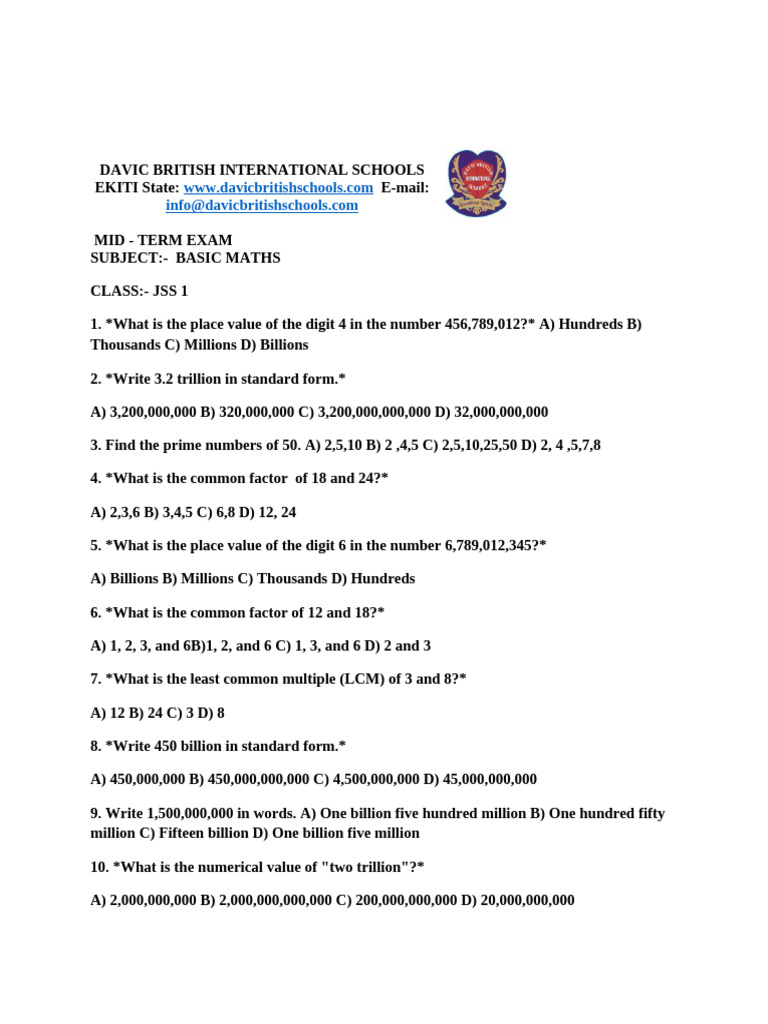 Basic Maths Exam | PDF