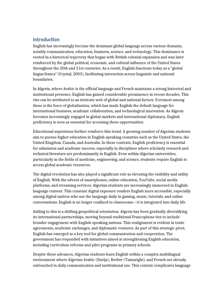 Cultural and Social Influences on EFL in Algeria | PDF | English As A ...