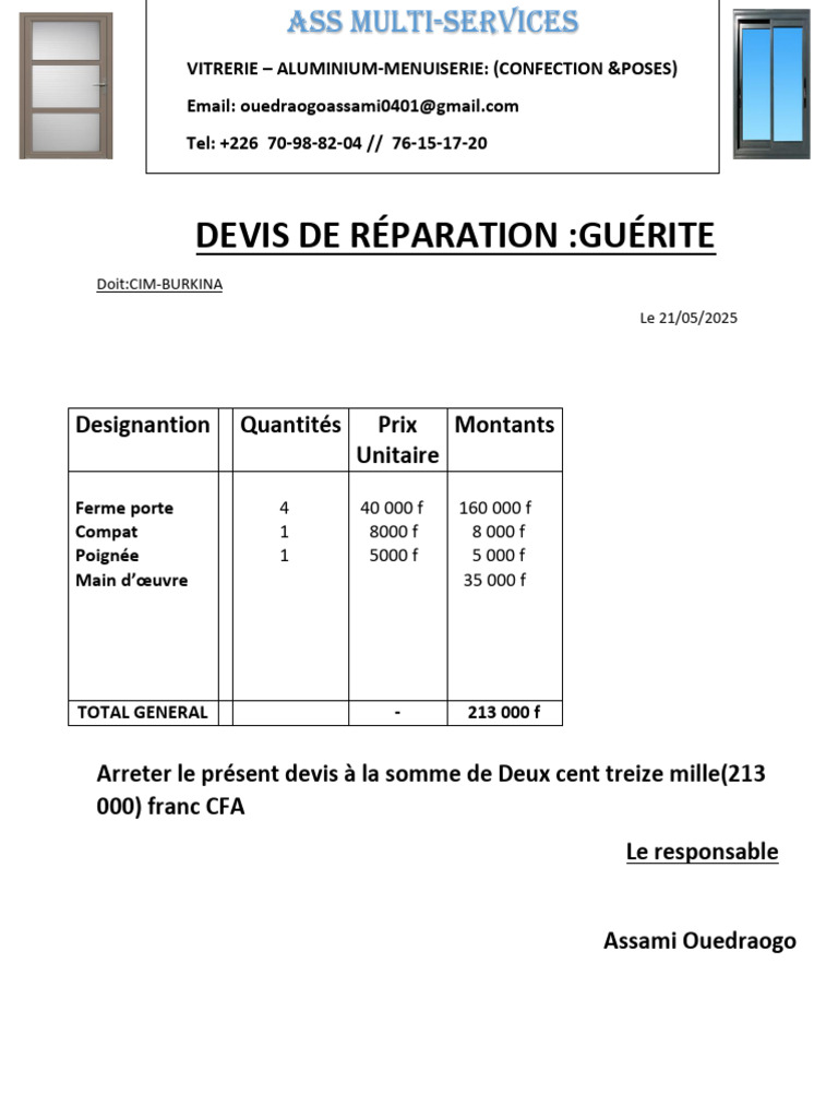 Devis de réparation vitrerie et menuiserie | PDF