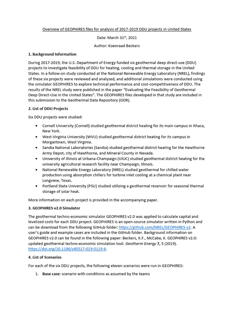 GEOPHIRES Files For DDU Techno-Economic Simulations | PDF