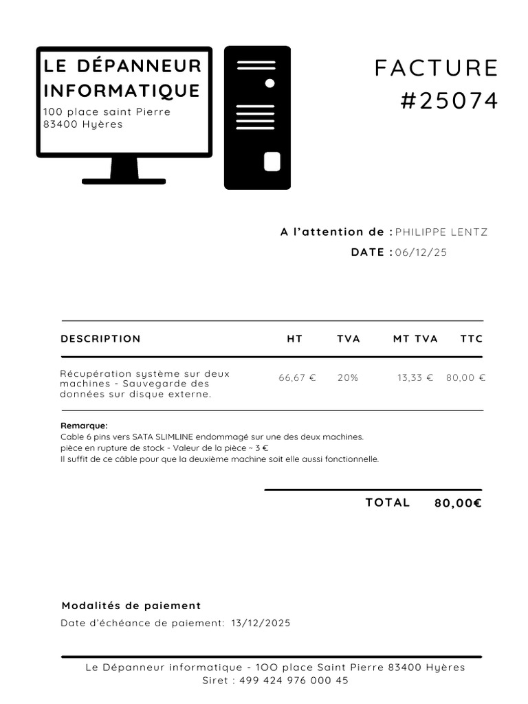 Facture Dépannage Informatique Hyères | PDF