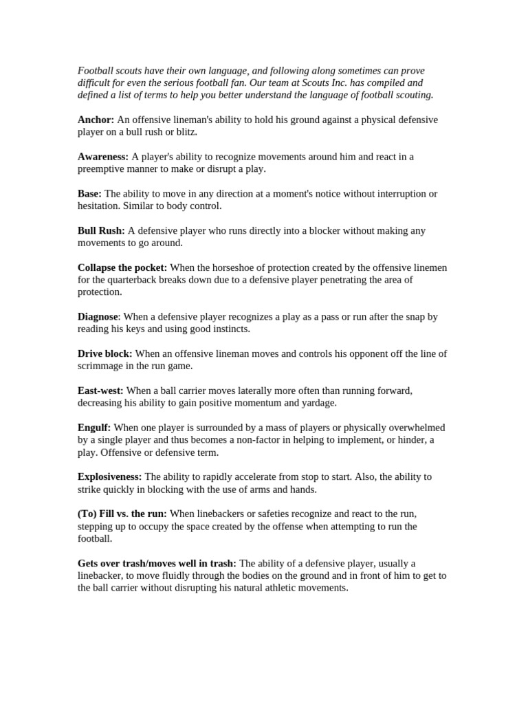 Football Scouting Terminology Explained | PDF | Gridiron Football ...