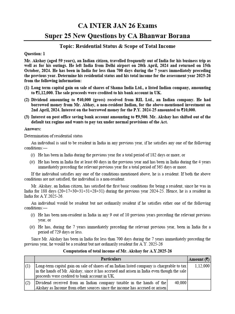 CA Exam Questions on Residential Status | PDF | Capital Gain | Employee ...