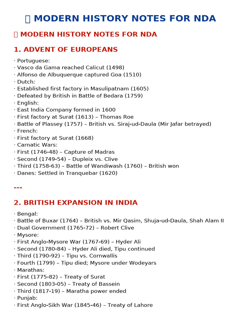 Modern History Notes for NDA Exam | PDF | British India | Indian ...