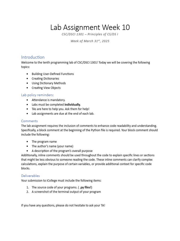CSC 1301 - Week 10 - Lab Assignment | PDF | Python (Programming ...