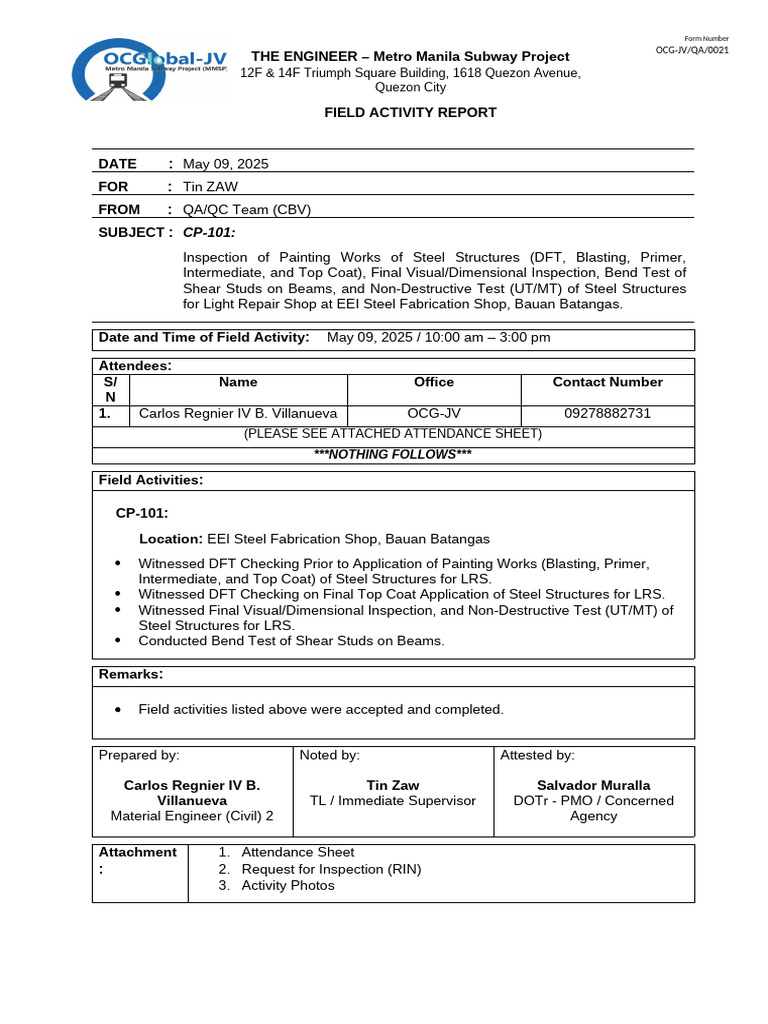 Metro Manila Subway Project Inspection Report | PDF | Metro Manila | Manila