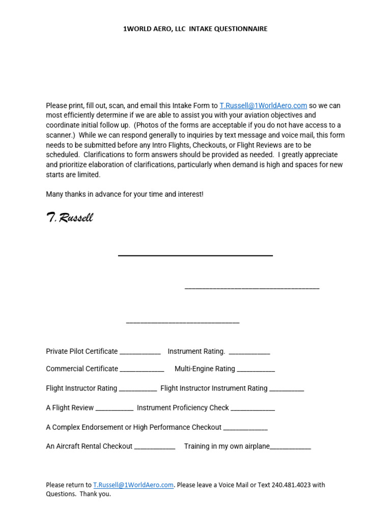 1World Aero LLC Flight Training Intake Form | PDF | Flight Instructor ...