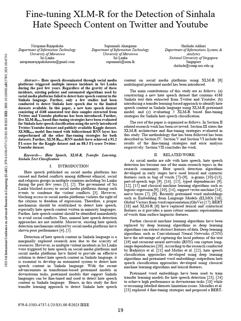 Sinhala Hate Speech Detection Using XLM-R | PDF | Deep Learning | Learning